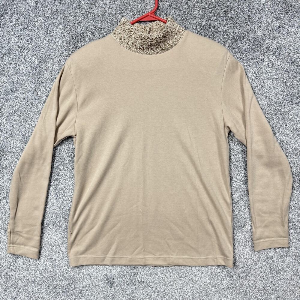 Vintage 80s 90s Adolfo Sport Blouse M Tan Lace Collar Romantic Victorian Prairie